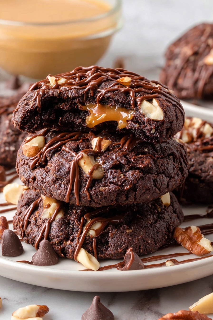 Chocolate Caramel Pecan Cookies, indulgent cookie recipe, chocolate pecan caramel cookies, easy holiday dessert, gourmet cookie ideas - The image shows a close view of a dark brown chocolate cookie with a cracked surface, topped with small pieces of walnuts in uneven spots. The cookie is split open in the middle, revealing a stretchy, shiny caramel layer that drips slightly between the two halves. A grid of smooth milk chocolate drizzles covers the top of the cookie. Around the main cookie, other similar cookies with the same chocolate drizzle pattern and walnut pieces are visible, placed on a white marbled surface. photo taken with an iphone --ar 2:3 --v 7