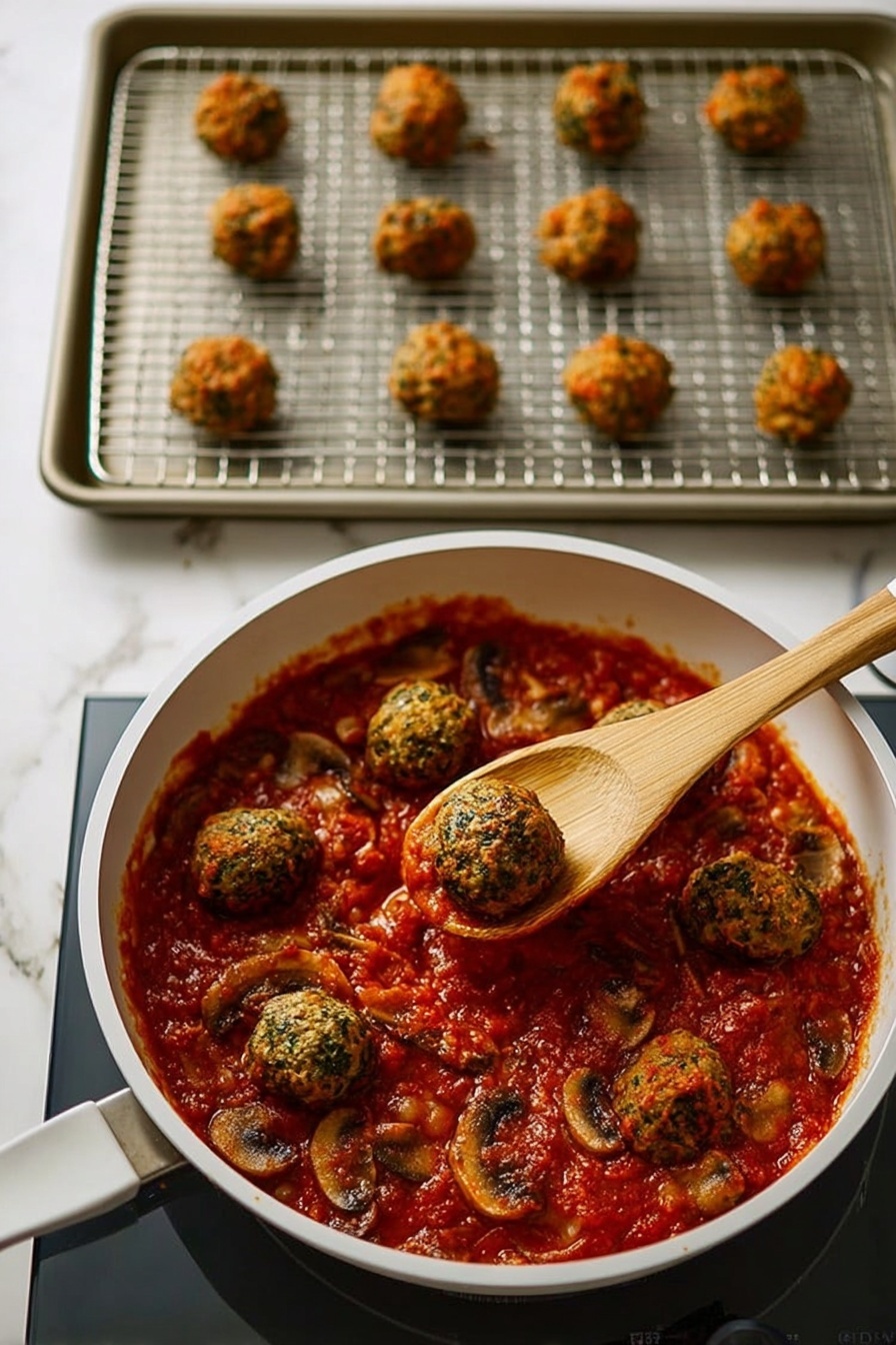 Chicken Spinach Meatballs with Spaghetti Squash, healthy chicken meatballs, spinach meatball recipes, low-carb spaghetti squash dinner, easy healthy dinner ideas - The image shows a white pan filled with thick red tomato sauce mixed with sliced mushrooms and several round green and brownish meatballs scattered on the sauce's surface. A wooden spoon is lifting one meatball from the sauce, and the pan is placed on a white induction stove. To the left of the pan, there is a metal baking tray with nine similar round meatballs arranged in rows on a wire rack. The background is a white marbled surface. photo taken with an iphone --ar 2:3 --v 7