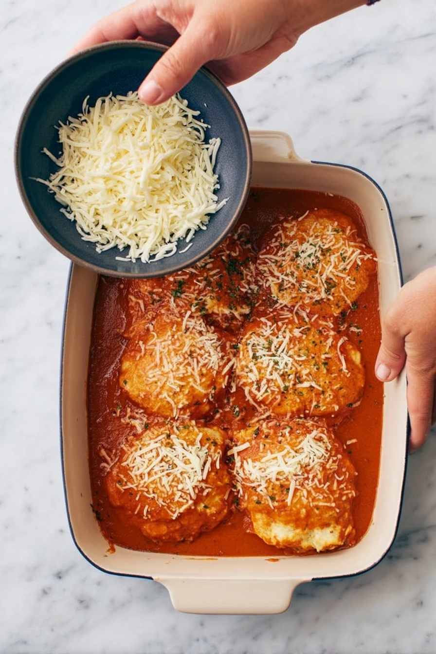 Easy Baked Tomato Soup Grilled Cheese, baked tomato soup casserole, cheesy tomato soup bake, comforting tomato soup and grilled cheese, simple baked tomato soup dish - A white rectangular baking dish holds five large round pieces of light brown food fully covered with a smooth reddish-orange sauce. A woman's right hand is sprinkling shredded white cheese over the top right piece, while her left hand holds a dark gray bowl filled with more shredded white cheese above the dish. The dish is placed on a white marbled surface photo taken with an iphone --ar 2:3 --v 7