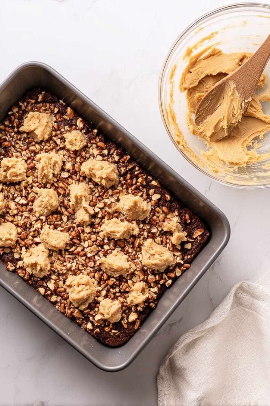 Gooey Chocolate Caramel Bars, chocolate caramel bars recipe, easy caramel bars, melt-in-your-mouth dessert, layered caramel bars - A dark gray rectangular pan holds a layered dessert with three visible layers: the bottom layer is dark brown, likely chocolate chips, topped with a layer of medium brown nuts scattered evenly, and the top layer is a light tan dough spread unevenly in dollops across the nuts. To the right of the pan, a clear round glass bowl contains some leftover light tan dough with a wooden spoon resting inside. The background is a white marbled surface with a white cloth partially visible in the top right corner. Photo taken with an iphone --ar 2:3 --v 7