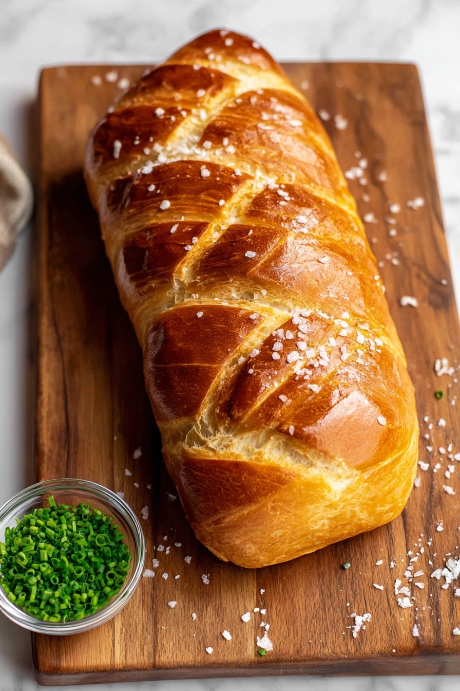 Best Beef Wellington, Beef Wellington, Beef Wellington recipe, Homemade Beef Wellington, Perfect Beef Wellington - A loaf of golden brown bread with a shiny crust sits in the center of a wooden board, showing five diagonal cuts on top that reveal a lighter dough inside. Coarse salt crystals are sprinkled over the bread and the board, adding texture and sparkle. Near the top left corner of the board, there is a small clear round bowl filled with chopped green chives, providing a fresh contrast in color. The wooden board rests on a white marbled surface, enhancing the warm and natural feel of the scene. photo taken with an iphone --ar 2:3 --v 7