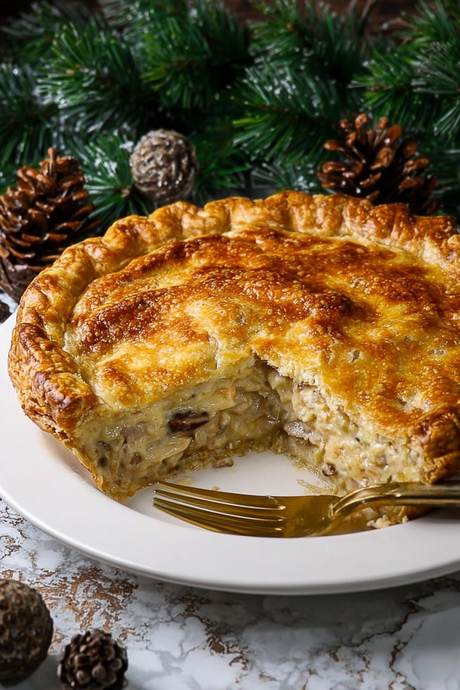 Cheesy Bacon Potato Pie, cheesy bacon potato casserole, bacon and cheese pie, savory potato pie, comfort food recipes - A golden brown pie with a shiny, flaky top crust that is slightly cracked and has a braided edge sits on a white plate. The top crust has a few small slits in the center for steam to escape. The pie looks thick and well-baked, surrounded by pine cones and frosted evergreen branches on a white marbled surface. The scene gives a cozy, festive feeling. photo taken with an iphone --ar 2:3 --v 7