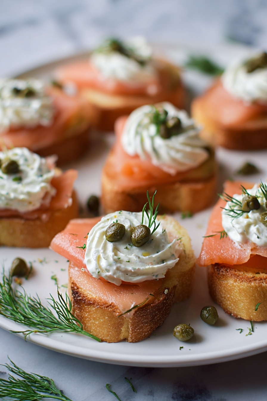 Smoked Salmon Crostini, smoked salmon appetizer, easy smoked salmon recipes, fancy brunch ideas, appetizer with smoked salmon - The image shows small white toasted bread slices as the base layer, each topped with a smooth layer of pink salmon. On top of the salmon, there is a swirl of white cream cheese mixed with herbs, giving a soft and fluffy texture. Each swirl is decorated with a small green caper and a sprig of fresh green dill. The white plate holding the toasts sits on a white marbled surface, with more capers and dill scattered around for decoration. The photo taken with an iphone --ar 2:3 --v 7