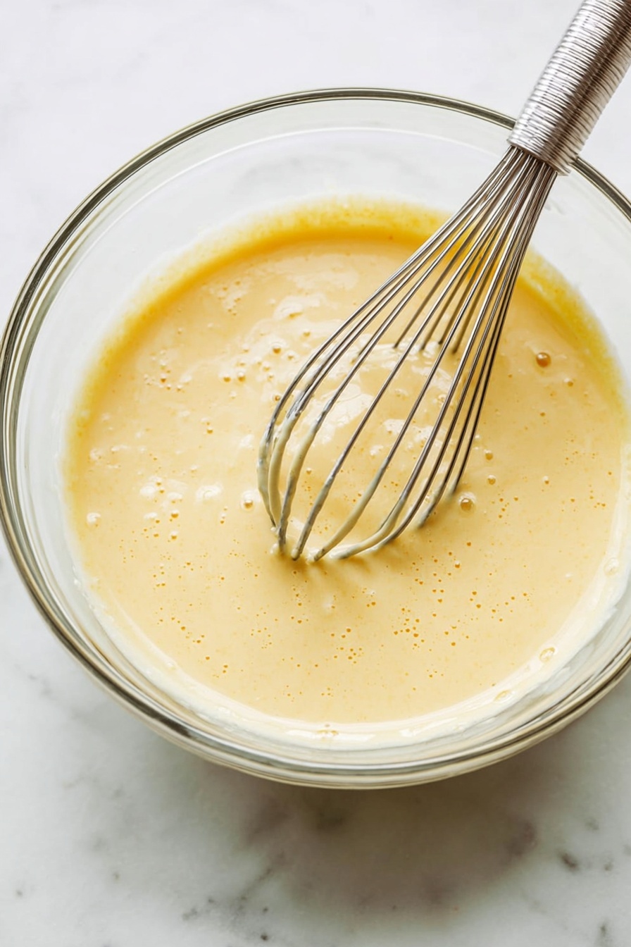 Authentic Italian Zabaglione, Italian Zabaglione Recipe, Classic Zabaglione Dessert, Easy Zabaglione Instructions, Italian Custard with Marsala Wine - A clear glass bowl filled with light yellow, creamy batter that has small air bubbles on its surface, showing a smooth and slightly thick texture. Inside the bowl, a metal whisk with thin wires is partially dipped into the batter with some batter coating the wires. The bowl sits on a white marbled surface, creating a clean and bright background. Photo taken with an iphone --ar 2:3 --v 7