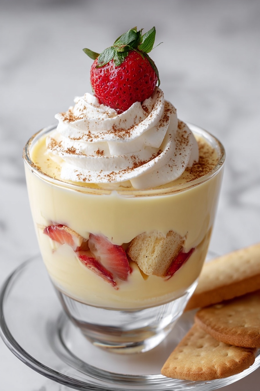 Authentic Italian Zabaglione, Italian Zabaglione Recipe, Classic Zabaglione Dessert, Easy Zabaglione Instructions, Italian Custard with Marsala Wine - This dessert is shown in a clear glass cup with three visible layers. The bottom layer is light yellow creamy pudding with sliced strawberries pressed against the glass. The middle layer has sponge cake pieces soaked in the pudding, breaking the smooth texture. The top layer is a thick swirl of white whipped cream, sprinkled lightly with brown cinnamon powder, and topped with a half strawberry with green leaves. The glass cup sits on a clear white plate with a light brown biscuit beside it, all on a white marbled surface. Photo taken with an iphone --ar 2:3 --v 7