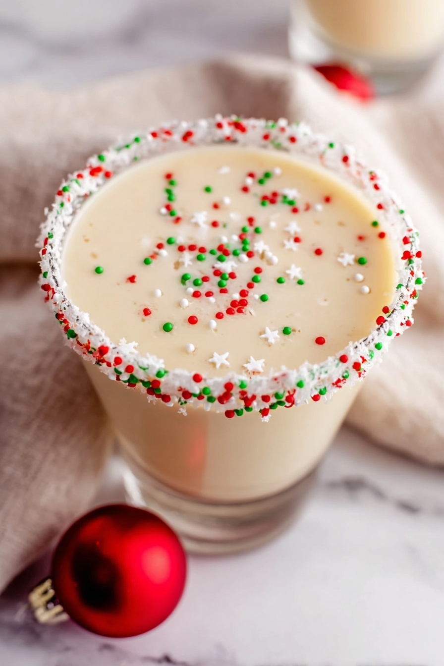Sugar Cookie Martini, Sugar Cookie Martini recipe, festive cocktail ideas, creamy sugar cookie drink, holiday dessert cocktails - The image shows a creamy light tan drink in a clear glass with a wide rim. The rim is decorated with white frosting and small red, green, and white round sprinkles all around it. Inside the drink, there are small round and star-shaped sprinkles in red, green, and white floating on the surface. The glass is placed on a white marbled surface with a soft beige cloth underneath. A round red ornament lies near the bottom of the glass, adding to the festive look. The photo taken with an iphone --ar 2:3 --v 7