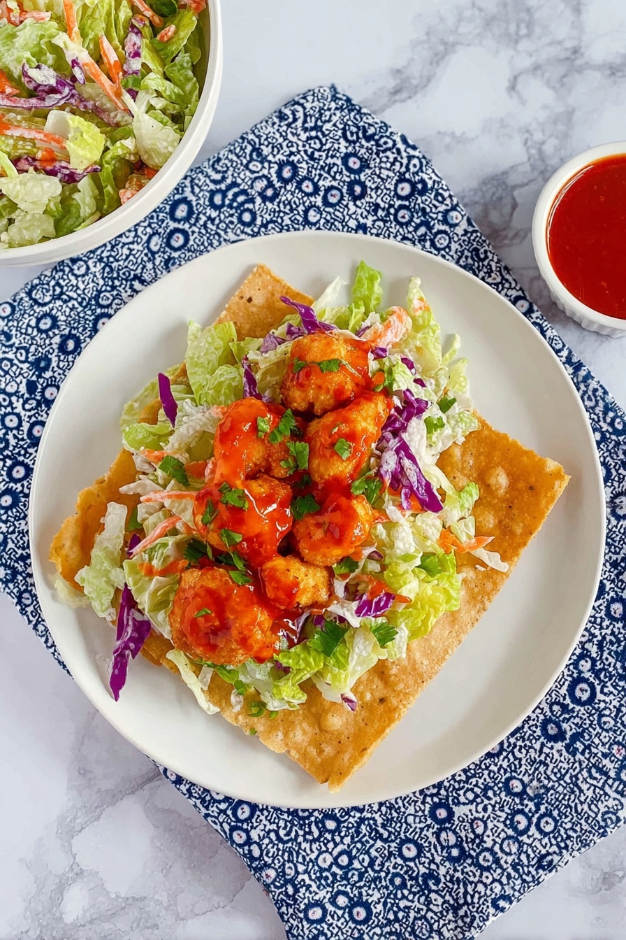 Asian Crunch Chicken Salad with Crispy Egg Roll Bases, Asian chicken salad, crispy egg roll salad, healthy Asian chicken salad, flavorful Asian salad - The image shows a white plate on a patterned blue and white cloth, placed on a white marbled surface. On the plate, there is a single crispy, golden brown square tortilla chip as the base layer. Above it is a layer of fresh salad made of chopped green and purple cabbage, lettuce, and thin carrot strips mixed with some dressing, giving it a creamy texture. On top of the salad lies a few pieces of golden fried chicken strips coated with a bright orange-red sauce and sprinkled with chopped green herbs. To the upper left of the plate, there is a white bowl filled with extra salad, and to the right, a small white bowl holds red dipping sauce. photo taken with an iphone --ar 2:3 --v 7