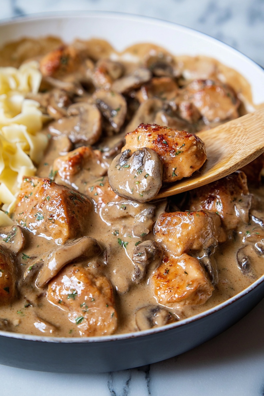 Easy Chicken Stroganoff, Chicken Stroganoff recipe, creamy chicken dinner, quick weeknight chicken, savory mushroom chicken - The image shows a close-up of a pan filled with a creamy mushroom and chicken dish. The dish has two main layers: chunks of golden-brown chicken pieces and sliced brown mushrooms, both coated in a thick, light brown cream sauce. The chicken pieces are irregular in shape with a slightly crispy texture, while the mushrooms are soft and mixed throughout. A wooden spoon is partially submerged in the center, lifting some chicken and mushrooms. The pan is black and the background is a white marbled texture. Photo taken with an iphone --ar 2:3 --v 7