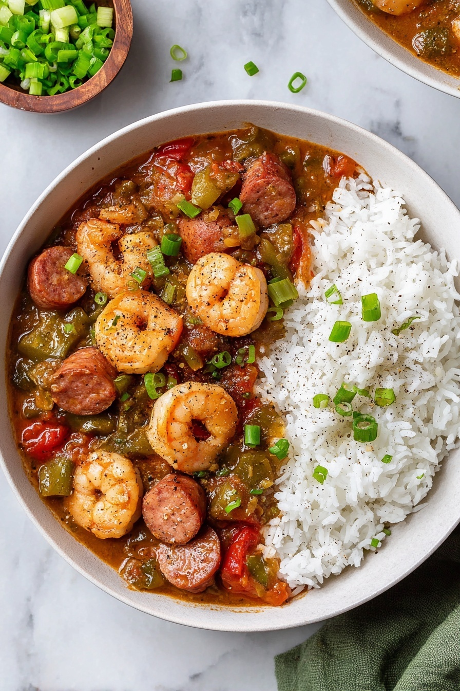 Shrimp and Sausage Gumbo, Cajun gumbo, Southern gumbo recipe, hearty seafood and sausage stew, authentic gumbo tips - A white bowl filled with a thick brown stew containing visible shrimp, sliced sausage, and chopped green vegetables like okra and green onions. The stew has a rich, slightly oily texture with black pepper sprinkled on top. A metal spoon rests inside the bowl, partially submerged in the stew. Next to the bowl is a small white bowl of chopped green onions and part of a white plate with white rice in the background, all set on a white marbled surface with a green textured cloth nearby. photo taken with an iphone --ar 2:3 --v 7