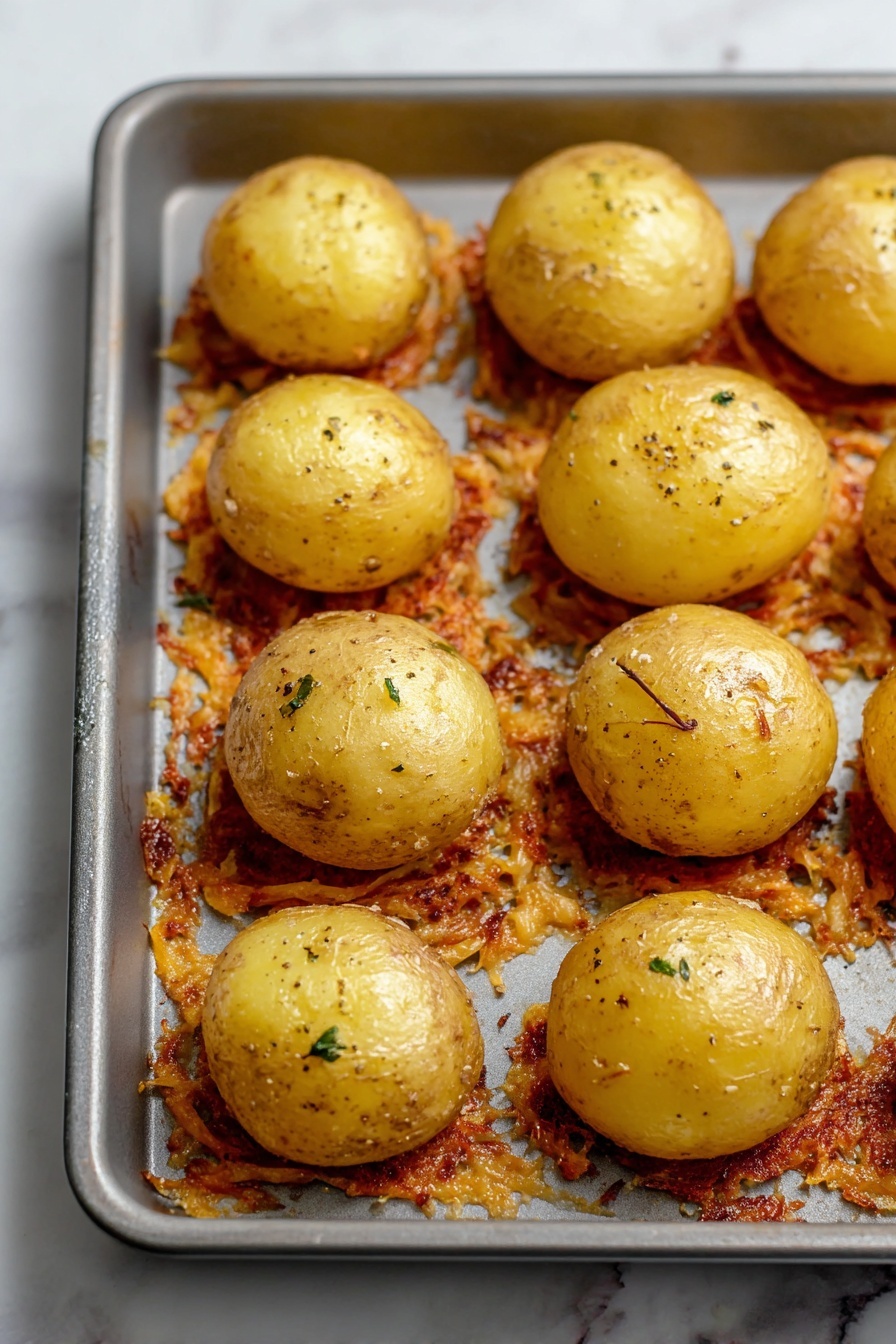 Cheese-Crusted Yukon Gold Potatoes with Garlic Aioli, crispy cheese potato side dish, baked Yukon Gold potatoes with cheese crust, garlic aioli for potatoes, cheesy potato appetizer - This image shows half round golden-brown potatoes, nine of them, arranged in three rows on a metal baking tray. Each potato half sits on a crispy, slightly browned orange cheese layer that spreads thinly around the base, creating a textured ring on the tray. The potatoes have a smooth and slightly shiny skin with some herbs and black pepper sprinkled on them. The tray rests on a white marbled surface. The photo is taken with an iphone --ar 2:3 --v 7