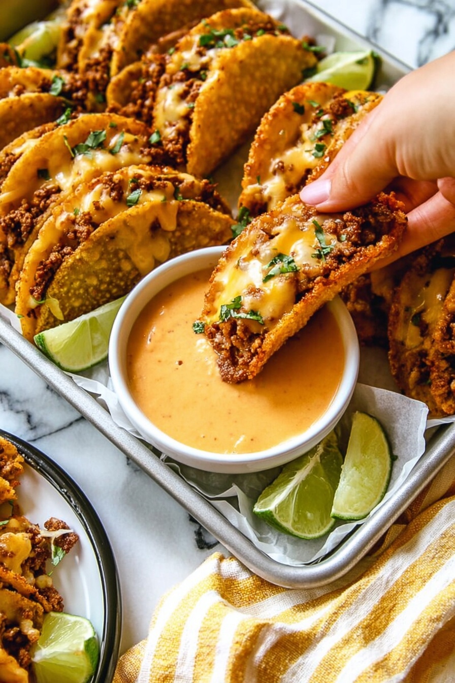 Crispy Baked Beef Tacos with Chipotle Cream, Baked Beef Tacos, Easy Beef Taco Recipe, Crunchy Oven Tacos, Healthy Taco Ideas - The image shows small tacos filled with cooked ground meat and melted cheese, garnished with small green herbs on top. The tacos have a golden-brown crispy shell and are arranged close together on a metal tray lined with white paper. In the center of the tray is a small white bowl filled with a smooth, creamy orange dipping sauce. A woman's hand is holding one taco, dipping it into the sauce. In the bottom corner, part of a white plate with a black rim is visible, holding more tacos and lime wedges. A yellow and white striped cloth is placed near the tray on a white marbled surface photo taken with an iphone --ar 2:3 --v 7