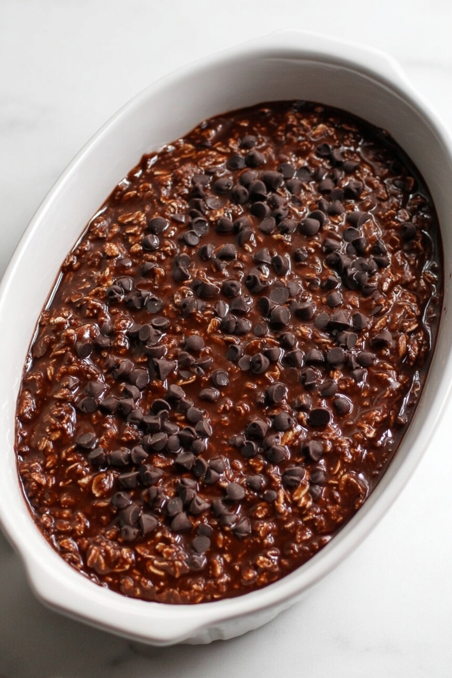Healthy Chocolate Banana Baked Oatmeal, healthy breakfast ideas, nutritious baked oatmeal, chocolate banana breakfast, wholesome oatmeal recipes - The image shows an oval-shaped white dish filled with a thick, dark brown chocolate oat mixture. The texture is chunky with visible oats mixed in a glossy chocolate sauce. Scattered on top are small, dark chocolate chips that add a slightly raised detail. The dish sits on a white marbled surface, highlighting the rich color of the mixture inside. photo taken with an iphone --ar 2:3 --v 7
