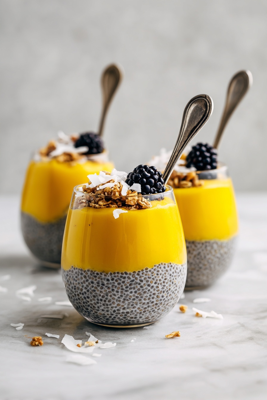 Mango Chia Pudding, healthy mango chia pudding, tropical chia pudding, vegan mango pudding, easy chia seed pudding - Three clear glasses filled with two layers are shown on a surface with white marbled texture. The bottom layer is thick with small black chia seeds visible in a light gray creamy mixture, making a speckled pattern. On top is a smooth bright yellow layer, covering the chia seed layer evenly. Each glass is garnished with a small heap of toasted brown granola, white coconut flakes, and a dark black blackberry placed on top. Each glass has a silver spoon standing inside from the back. There is a white cloth on the surface near the front left glass. Photo taken with an iphone --ar 2:3 --v 7