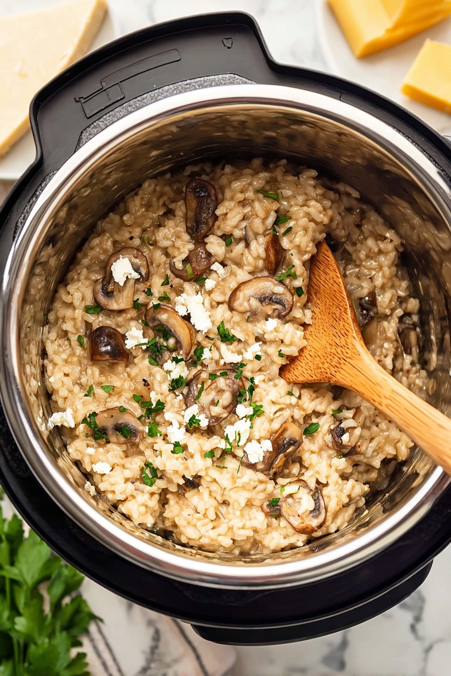 Pressure Cooker Mushroom Risotto, Mushroom Risotto Recipe, Easy Mushroom Risotto, Creamy Mushroom Risotto, Pressure Cooker Dinner - The image shows a close-up of a mushroom risotto inside a shiny stainless steel pot of a kitchen pressure cooker. The risotto is creamy with light beige rice mixed with pieces of cooked brown mushrooms spread evenly throughout. Some small bits of chopped green herbs and crumbled white cheese are sprinkled on top, giving a fresh and textured look. A light brown wooden spoon rests inside the risotto, leaning against the side of the pot. The pot sits on a white marbled surface, with blurred green leaves and chunks of yellow cheese in the background. Photo taken with an iphone --ar 2:3 --v 7