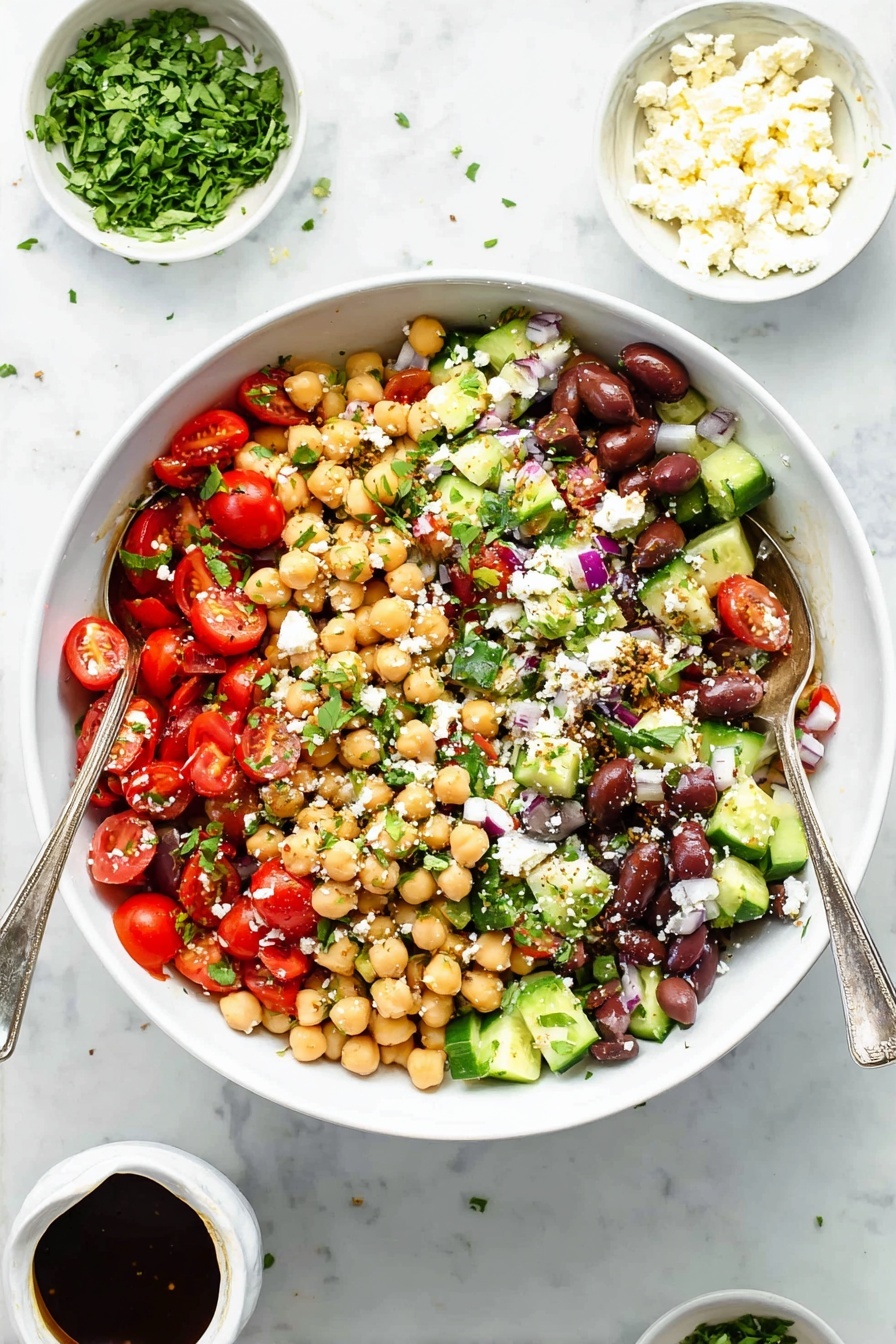 Easy Mediterranean Chickpea Salad, Mediterranean Chickpea Salad, Healthy Chickpea Salad, Quick Vegetarian Salad, Easy Summer Salad - A large white bowl filled with a colorful chickpea salad, showing three main layers: the bottom layer is beige chickpeas, the middle layer includes bright red cherry tomatoes cut in half, dark purple olives, and small cubes of green cucumber, and the top layer has sprinkled white crumbled cheese and chopped green herbs. Two silver spoons rest inside the bowl, partially submerged in the salad. Around the bowl are three small white bowls, one filled with chopped green herbs and another with white crumbled cheese, sitting on a white marbled surface. A small white container with dark brown dressing is also on the surface near the salad. photo taken with an iphone --ar 2:3 --v 7