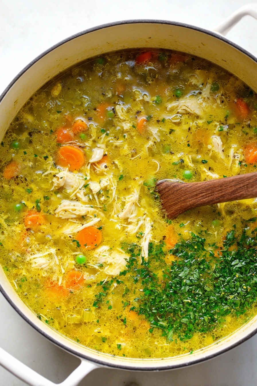 Turmeric Chicken Soup, healthy turmeric chicken soup, nourishing chicken soup with turmeric, anti-inflammatory chicken soup, comforting chicken soup recipe - A close-up view of a white pot filled with a yellowish-green chicken soup with visible small pieces of shredded chicken, orange carrot slices, green peas, and diced onion. The soup has a slightly oily surface with chopped green herbs sprinkled on top, especially concentrated along one side. A wooden spoon is partially submerged on the right side, stirring the soup. The pot sits on a white marbled surface visible in the background photo taken with an iphone --ar 2:3 --v 7