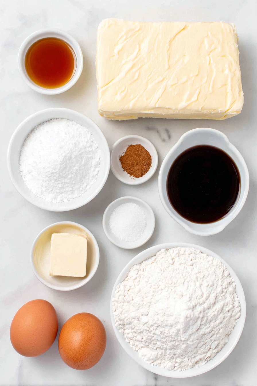 Gingerbread Cheesecake Cookies, holiday spiced cookies, creamy cheesecake cookies, gingerbread dessert ideas, festive cookie recipes - Flat lay of cold cream cheese block, a small white ceramic bowl of granulated white sugar, a small white ceramic bowl of vanilla extract, a small white ceramic bowl of granulated white sugar mixed with ground ginger, ground cinnamon, ground allspice, ground nutmeg, and ground cloves, a mound of spooned and leveled all-purpose flour, small piles of ground ginger, ground cinnamon, ground nutmeg, ground allspice, ground cloves, a pinch of salt, a small pile of baking soda, a stick of softened unsalted butter, a small mound of packed light brown sugar, two whole uncracked brown eggs, a small white ceramic bowl of dark unsulphured molasses placed on a clean white marble surface, soft natural light, photo taken with an iPhone, professional food photography style, fresh ingredients, white ceramic bowls, no bottles, no duplicates, no utensils, no packaging --ar 2:3 --v 7 --p m7354615311229779997