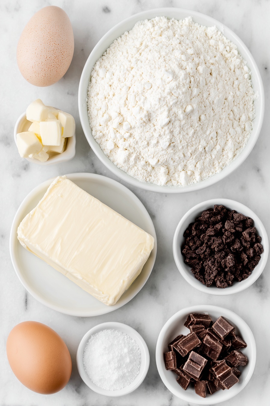 Peppermint Oreo Cookie Cups, peppermint cookie cups, holiday peppermint cookies, mint chocolate cookie cups, festive Oreo treats - Flat lay of a small pile of white cake mix powder on a simple white ceramic plate, a few tablespoons of soft unsalted butter slightly melting on a white ceramic dish, one large whole egg with a clean shell, a small white ceramic bowl with clear peppermint extract, another small white ceramic bowl containing pale vanilla extract, a smooth block of softened cream cheese resting on a white ceramic plate, a small white ceramic bowl filled with dark Oreo cookie chunks, a small white ceramic bowl holding shiny Andes Peppermint Crunch pieces, a small white ceramic bowl with smooth, glossy dark chocolate chips, all arranged symmetrically with balanced spacing, placed on a clean white marble surface, soft natural light, photo taken with an iPhone, professional food photography style, fresh ingredients, white ceramic bowls, no bottles, no duplicates, no utensils, no packaging --ar 2:3 --v 7 --p m7354615311229779997