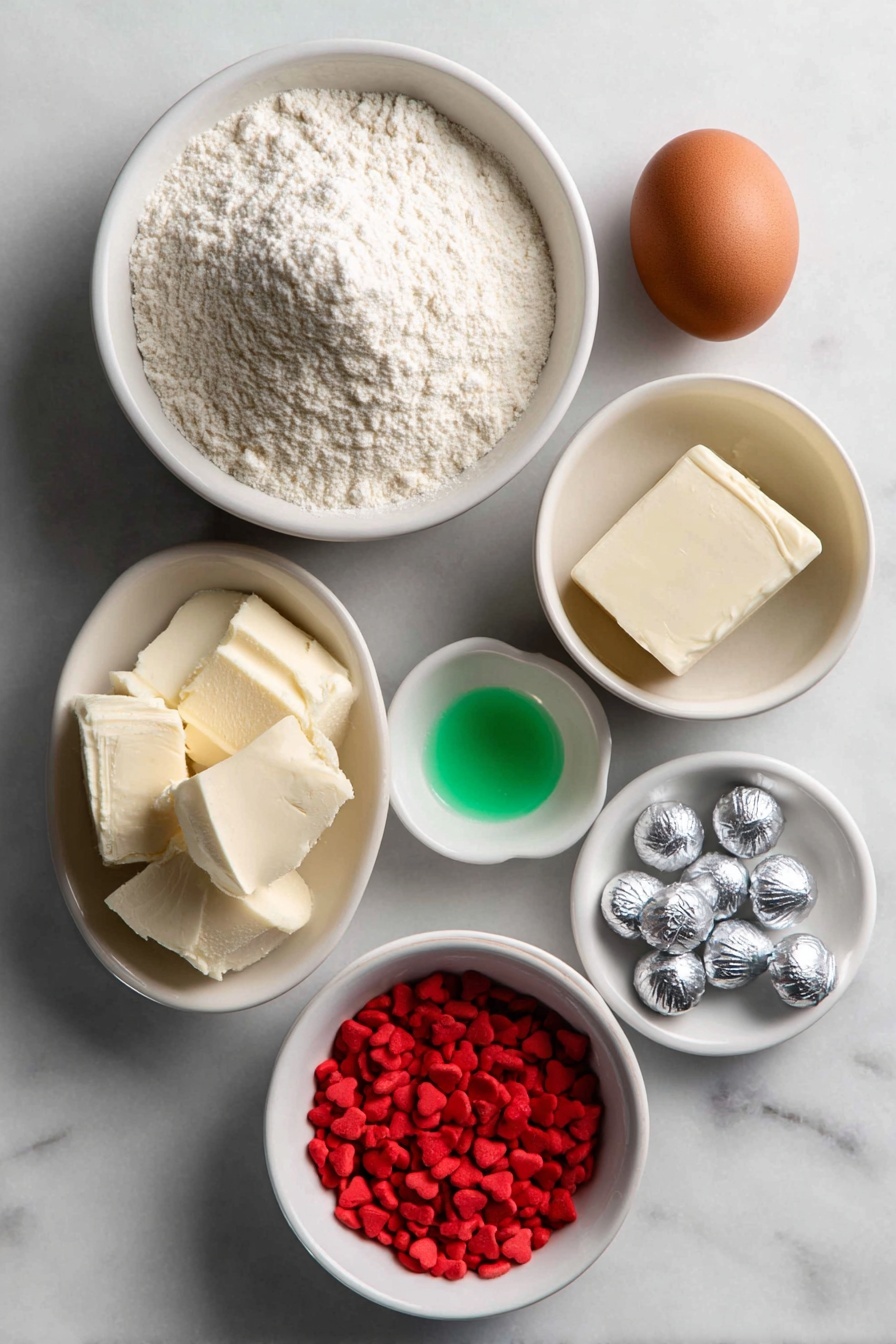 Grinch Cookie Cups with Hershey’s Kisses, festive Christmas cookies, green holiday treats, chocolate stuffed cookie cups, easy holiday cookie recipes - Flat lay of a small mound of pale off-white sugar cookie mix, a small white ceramic bowl filled with fine all-purpose flour, a whole large brown egg, a small white ceramic bowl holding soft unsalted butter at room temperature, a tiny dollop of vivid green gel food coloring on a white ceramic dish, a neat pile of shiny silver Hershey’s Kisses, and a small white ceramic bowl containing bright red heart-shaped candy sprinkles, all arranged in perfect symmetry on a clean white marble surface, soft natural light, photo taken with an iPhone, professional food photography style, fresh ingredients, white ceramic bowls, no bottles, no duplicates, no utensils, no packaging --ar 2:3 --v 7 --p m7354615311229779997