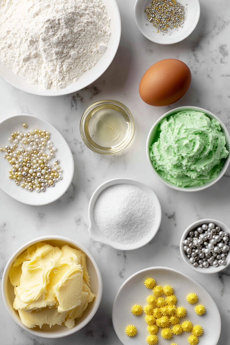 Christmas Tree Cookies with Buttercream Frosting, festive holiday cookies, Christmas baking ideas, easy Christmas cookies, holiday cookie decorating - Flat lay of softened unsalted butter in a small white ceramic bowl, a small white bowl filled with fine white confectioners' sugar, one whole large brown egg with a clean shell, a small white bowl of clear vanilla extract, a modest mound of all-purpose flour on a white ceramic plate, a small white bowl containing fine baking soda powder, a small white bowl holding fine salt crystals, a small white bowl of smooth pale yellow buttercream frosting, a small white bowl filled with bright green buttercream frosting, a scattering of tiny yellow star sprinkles arranged neatly on a white ceramic dish, and small clusters of metallic silver and gold pearl-shaped sprinkles on another white ceramic dish, all ingredients looking fresh and natural, perfectly arranged in balanced symmetry on a clean white marble surface, soft natural light, photo taken with an iPhone, professional food photography style, fresh ingredients, white ceramic bowls, no bottles, no duplicates, no utensils, no packaging --ar 2:3 --v 7 --p m7354615311229779997