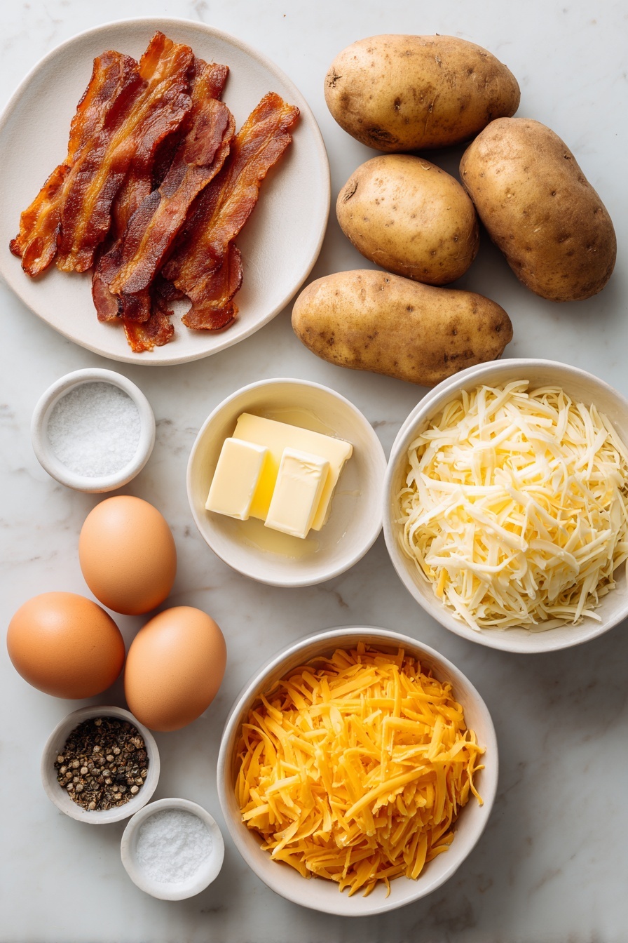 Twice Baked Potatoes with Bacon and Cheese, best twice baked potatoes, loaded potato recipes, cheesy bacon stuffed potatoes, comfort food potato dishes - Flat lay of six whole unpeeled russet baking potatoes, six slices of crisp cooked bacon arranged flat, a small white ceramic bowl filled with softened golden butter, a small white ceramic bowl holding freshly shredded pale yellow Parmesan cheese, a larger white ceramic bowl brimming with bright orange sharp cheddar cheese shreds, whole uncracked brown eggs for natural color contrast, and a small white ceramic bowl with coarse sea salt and another with cracked black peppercorns, all ingredients evenly spaced and symmetrically placed on a clean white marble surface, soft natural light, photo taken with an iPhone, professional food photography style, fresh ingredients, white ceramic bowls, no bottles, no duplicates, no utensils, no packaging --ar 2:3 --v 7 --p m7354615311229779997