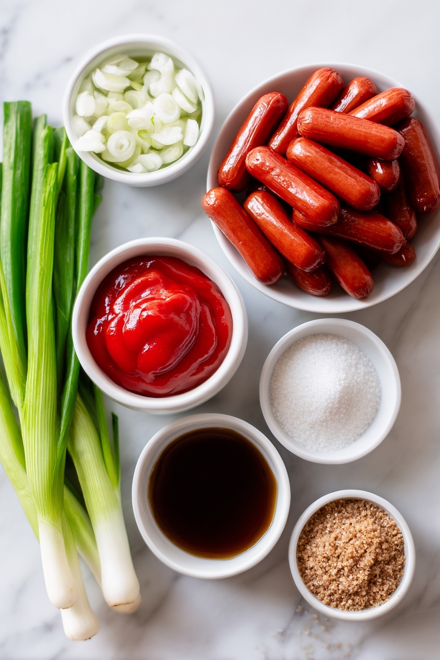 Crockpot BBQ Little Smokies, easiest BBQ appetizer, slow cooker cocktail sausages, crowd-pleasing party snacks, simple game day appetizers - Flat lay of two packages of small, plump Little Smokies sausage links neatly arranged, a small white bowl filled with bright red tomato ketchup, a small white bowl holding thick dark brown liquid smoke, a small white bowl with coarse brown sugar crystals, a small white bowl containing finely minced white onion, and a handful of fresh green onions with vibrant green tops and white bases, all placed on a clean white marble surface, soft natural light, photo taken with an iPhone, professional food photography style, fresh ingredients, white ceramic bowls, no bottles, no duplicates, no utensils, no packaging --ar 2:3 --v 7 --p m7354615311229779997
