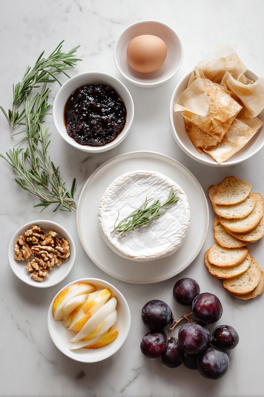 Baked Brie with Jam and Nuts, baked brie appetizer, easy baked brie recipe, puff pastry cheese appetizer, festive cheese dip - Flat lay of a whole wheel of fresh brie cheese, a square sheet of thawed puff pastry, a small white bowl filled with glossy fig jam, a small white bowl with chopped walnuts, a whole uncracked brown egg, a few sprigs of fresh rosemary, and an assortment of fresh fruit slices and round crostini arranged neatly, all placed on simple white ceramic bowls or plates, perfectly balanced and symmetrical, placed on a clean white marble surface, soft natural light, photo taken with an iPhone, professional food photography style, fresh ingredients, white ceramic bowls, no bottles, no duplicates, no utensils, no packaging --ar 2:3 --v 7 --p m7354615311229779997