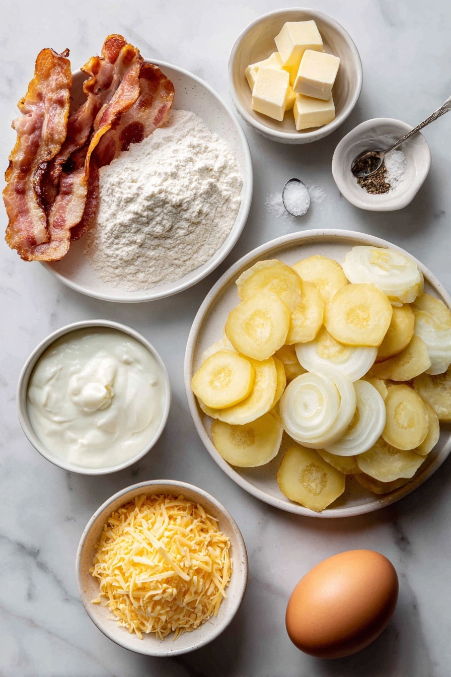 Cheesy Bacon Potato Pie, cheesy bacon potato casserole, bacon and cheese pie, savory potato pie, comfort food recipes - Flat lay of a small mound of pale all-purpose flour, a teaspoon of coarse kosher salt, several small cubes of cold butter with a pale yellow color, a few thin slices of crispy cooked bacon with pinkish-brown edges, a diced large white onion, a pile of thinly sliced yellow Yukon Gold potatoes, a small white bowl filled with thick heavy cream, a pinch of black pepper next to a teaspoon of kosher salt in separate small white bowls, a small heap of shredded sharp cheddar cheese, and a single whole brown egg with a smooth clean shell, all arranged symmetrically on a clean white ceramic plate and small white ceramic bowls placed on a clean white marble surface, soft natural light, photo taken with an iPhone, professional food photography style, fresh ingredients, white ceramic bowls, no bottles, no duplicates, no utensils, no packaging --ar 2:3 --v 7 --p m7354615311229779997