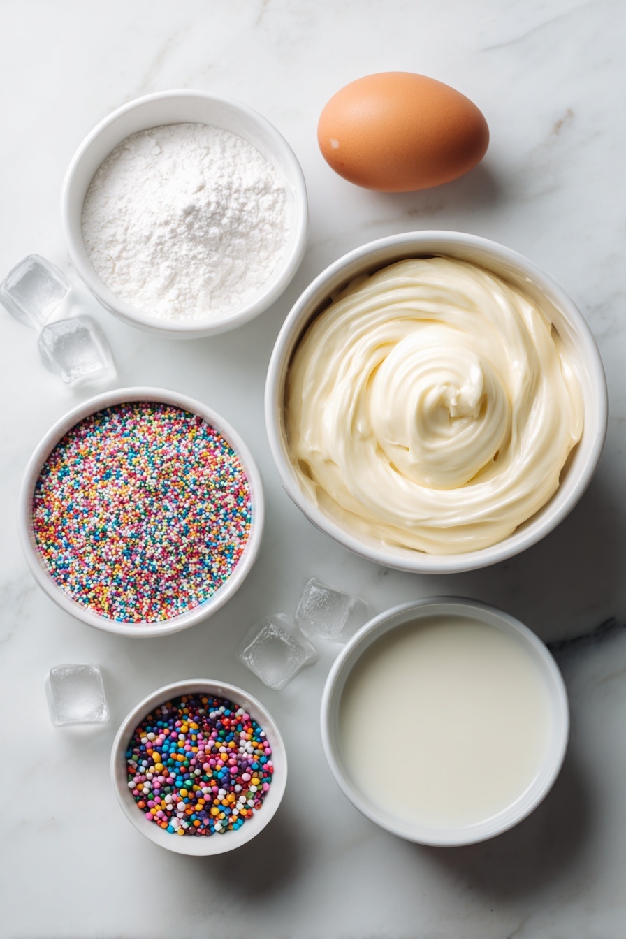 Sugar Cookie Martini, Sugar Cookie Martini recipe, festive cocktail ideas, creamy sugar cookie drink, holiday dessert cocktails - Flat lay of a small bowl of creamy vanilla frosting, a small bowl of colorful round sprinkles, a small white bowl with whole milk, a small white bowl with Irish cream liqueur, a small white bowl with golden amaretto, a small white bowl with white powdered sugar, a few clear ice cubes, and a whole vanilla bean pod, all arranged symmetrically on a clean white marble surface, soft natural light, photo taken with an iPhone, professional food photography style, fresh ingredients, white ceramic bowls, no bottles, no duplicates, no utensils, no packaging --ar 2:3 --v 7 --p m7354615311229779997