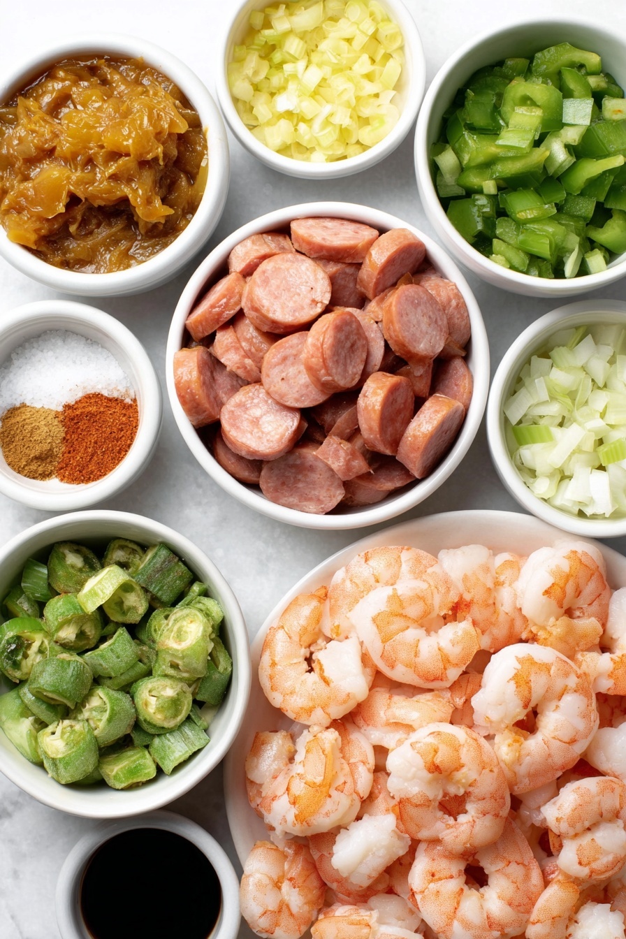 Shrimp and Sausage Gumbo, Cajun gumbo, Southern gumbo recipe, hearty seafood and sausage stew, authentic gumbo tips - Flat lay of a small white ceramic bowl of golden-brown roux, a small white bowl of avocado oil, a small white bowl of all purpose flour, diced yellow onion in a simple white ceramic bowl, diced green bell pepper in a white bowl, chopped celery stalks in a white bowl, four whole uncracked garlic cloves, sliced andouille sausage pieces arranged on a white ceramic plate, a small white bowl of Cajun seasoning powder, a small white bowl of salt, a small white bowl of cayenne powder, a simple white bowl filled with rich reddish fire-roasted diced tomatoes, two fresh bay leaves, a small white bowl of coconut aminos, one pound of raw, peeled and deveined large shrimp neatly arranged on a white ceramic plate, a small white bowl of frozen okra, and finely sliced green onions in a white bowl, all ingredients fresh and natural, perfectly balanced and symmetrical, placed on a clean white marble surface, soft natural light, photo taken with an iPhone, professional food photography style, fresh ingredients, white ceramic bowls, no bottles, no duplicates, no utensils, no packaging --ar 2:3 --v 7 --p m7354615311229779997