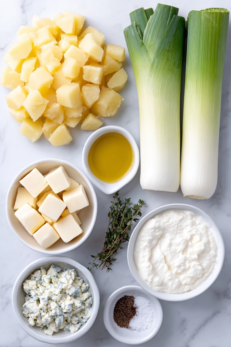 Creamy Potato Leek Soup, potato leek soup, creamy leek and potato soup, easy potato leek soup, comforting soup recipes - Flat lay of a small mound of peeled and chopped Yukon gold potatoes in ½ inch cubes, two medium leeks halved and sliced showing clean white and light green parts, a few fresh thyme sprigs with delicate green leaves, a small white bowl of golden olive oil, a small white bowl of unsalted butter chunks, a small white bowl filled with thick heavy cream, a small white bowl containing coarse kosher salt crystals, a small white bowl with ground black pepper, and a small white bowl of clear vegetable stock, all arranged with perfect symmetry on a clean white marble surface, soft natural light, photo taken with an iPhone, professional food photography style, fresh ingredients, white ceramic bowls, no bottles, no duplicates, no utensils, no packaging --ar 2:3 --v 7 --p m7354615311229779997