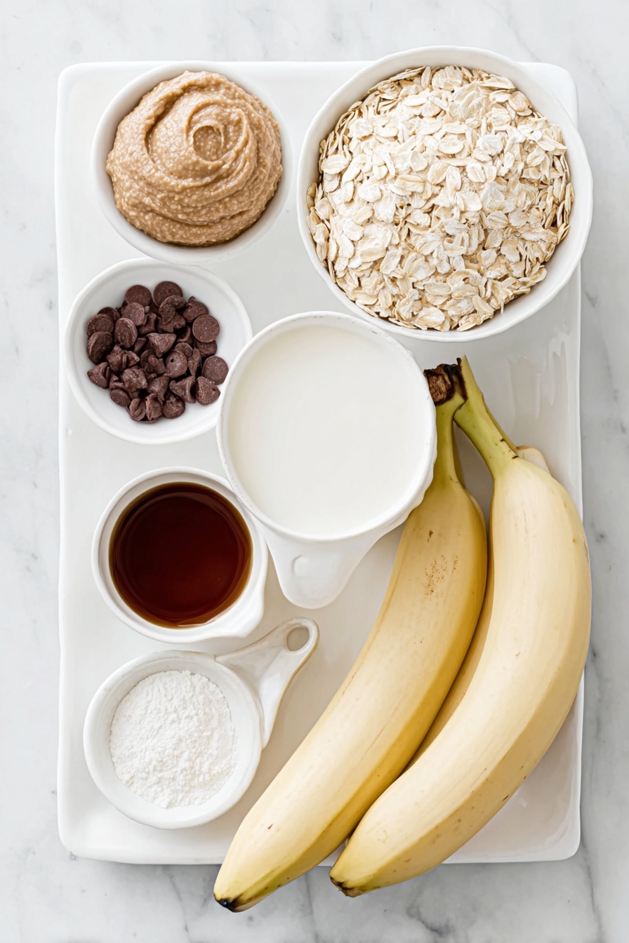 Healthy Chocolate Banana Baked Oatmeal, healthy breakfast ideas, nutritious baked oatmeal, chocolate banana breakfast, wholesome oatmeal recipes - Flat lay of two ripe bananas, a small mound of cashew butter on a white ceramic plate, a small white bowl filled with unsweetened almond milk, a small white bowl holding pure maple syrup, a small white bowl containing vanilla extract, a neat pile of rolled oats, a small white bowl with unsweetened cocoa powder, a small white bowl of baking powder, a small pinch of salt on a white ceramic dish, and a few chocolate chips scattered on a white ceramic plate, all arranged in perfect symmetry, placed on a clean white marble surface, soft natural light, photo taken with an iPhone, professional food photography style, fresh ingredients, white ceramic bowls, no bottles, no duplicates, no utensils, no packaging --ar 2:3 --v 7 --p m7354615311229779997