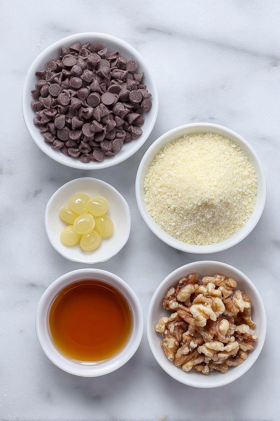 Quick Bourbon Balls, bourbon balls no-bake, easy holiday treats, chocolate bourbon bites, simple whiskey desserts - Flat lay of a small pile of semisweet chocolate chips, a few golden honey drops in a small white ceramic bowl, finely ground vanilla wafer crumbs in a neat mound, finely ground walnuts in a small white ceramic bowl alongside a separate small white ceramic bowl with more ground walnuts for rolling, and a small white ceramic bowl with amber bourbon whiskey, all ingredients fresh and natural, perfectly arranged with balanced spacing and symmetry, placed on a clean white marble surface, soft natural light, photo taken with an iPhone, professional food photography style, fresh ingredients, white ceramic bowls, no bottles, no duplicates, no utensils, no packaging --ar 2:3 --v 7 --p m7354615311229779997