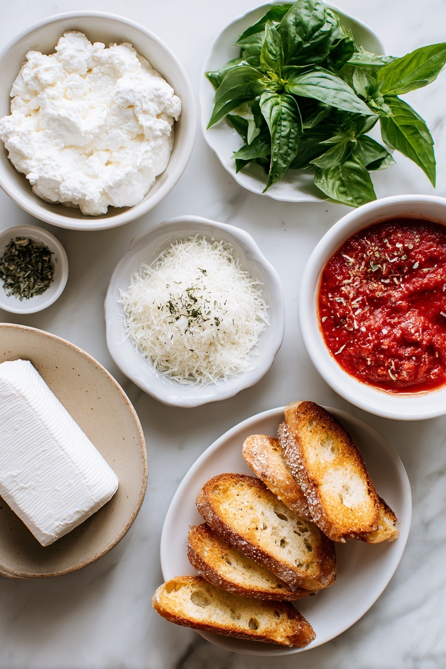 Baked Goat Cheese Marinara Dip, goat cheese appetizer, baked cheese dip, marinara cheese dip, savory party dip - Flat lay of fresh goat cheese log, soft cream cheese in a small white bowl, a small white bowl filled with freshly grated Parmesan cheese, dried basil sprinkled neatly on a white ceramic plate, a small white bowl of bright red marinara sauce, a pinch of coarse kosher salt arranged artfully on a white dish, fresh green basil leaves loosely stacked, several toasted golden crostini slices arranged in a fan shape on a white plate, placed on a clean white marble surface, soft natural light, photo taken with an iPhone, professional food photography style, fresh ingredients, white ceramic bowls, no bottles, no duplicates, no utensils, no packaging --ar 2:3 --v 7 --p m7354615311229779997