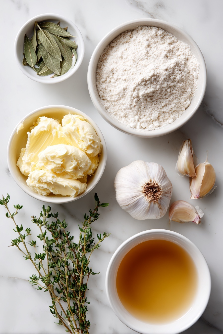 Homemade Turkey Gravy, turkey gravy recipe, how to make turkey gravy, savory gravy for turkey, quick turkey gravy - Flat lay of a small white ceramic bowl of softened golden butter, a small white bowl with dried sage leaves, a few fresh thyme sprigs with tiny green leaves, one whole garlic bulb with one clove separated and peeled, a small white bowl filled with pale all-purpose flour, a small white bowl containing rich golden turkey stock, all arranged with perfect symmetry and balanced proportions, placed on a clean white marble surface, soft natural light, photo taken with an iPhone, professional food photography style, fresh ingredients, white ceramic bowls, no bottles, no duplicates, no utensils, no packaging --ar 2:3 --v 7 --p m7354615311229779997