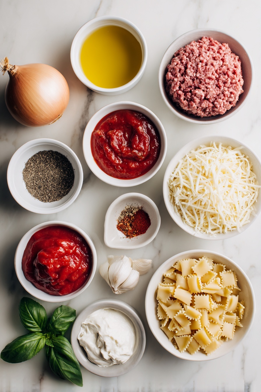 One-Pot Homemade Lasagna Hamburger Helper, easy cheesy lasagna dinner, quick weeknight lasagna, beginner-friendly lasagna recipe, comforting pasta skillet - Flat lay of a small white ceramic bowl filled with extra virgin olive oil, a whole small yellow onion with its papery skin partially peeled, a mound of fresh lean ground beef, a small white bowl with coarse kosher salt, another small white bowl with whole black peppercorns, a small white bowl holding thick red tomato paste, two whole cloves of fresh garlic, a small white bowl containing dried Italian seasoning blend, a small white bowl with red pepper flakes, a simple white ceramic bowl heaped with crushed ripe red tomatoes, a white ceramic bowl filled with rich beef broth, a neat pile of uncooked mini lasagna-shaped pasta pieces, a small white bowl with shredded mozzarella cheese, a small white bowl with grated parmesan cheese, a small white bowl holding creamy whole milk ricotta cheese, and a few sprigs of fresh green basil arranged carefully, all placed on a clean white marble surface, soft natural light, photo taken with an iPhone, professional food photography style, fresh ingredients, white ceramic bowls, no bottles, no duplicates, no utensils, no packaging --ar 2:3 --v 7 --p m7354615311229779997