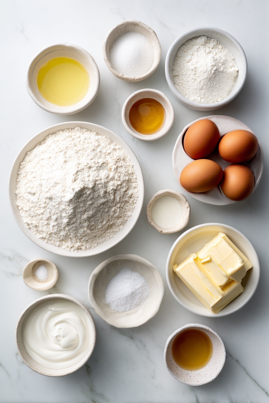 Soft Vanilla Cake, Vanilla Cake Recipe, Moist Vanilla Cake, Easy Vanilla Cake, Classic Vanilla Cake - Flat lay of a small mound of white all-purpose flour, a small white ceramic bowl filled with fine white cornstarch, a small white ceramic bowl with white granulated sugar, a small white ceramic bowl holding pale yellow vegetable oil, a small white ceramic bowl containing thick white buttermilk, three whole brown eggs with clean shells, a small white ceramic bowl with golden unsalted butter, a small white ceramic bowl of powdered sugar, a small white ceramic bowl with milky cream, a small white ceramic bowl with clear white vinegar, a small white ceramic bowl with light amber vanilla extract, and a small pinch of fine white baking powder and baking soda arranged neatly on a clean white marble surface, soft natural light, photo taken with an iPhone, professional food photography style, fresh ingredients, white ceramic bowls, no bottles, no duplicates, no utensils, no packaging --ar 2:3 --v 7 --p m7354615311229779997