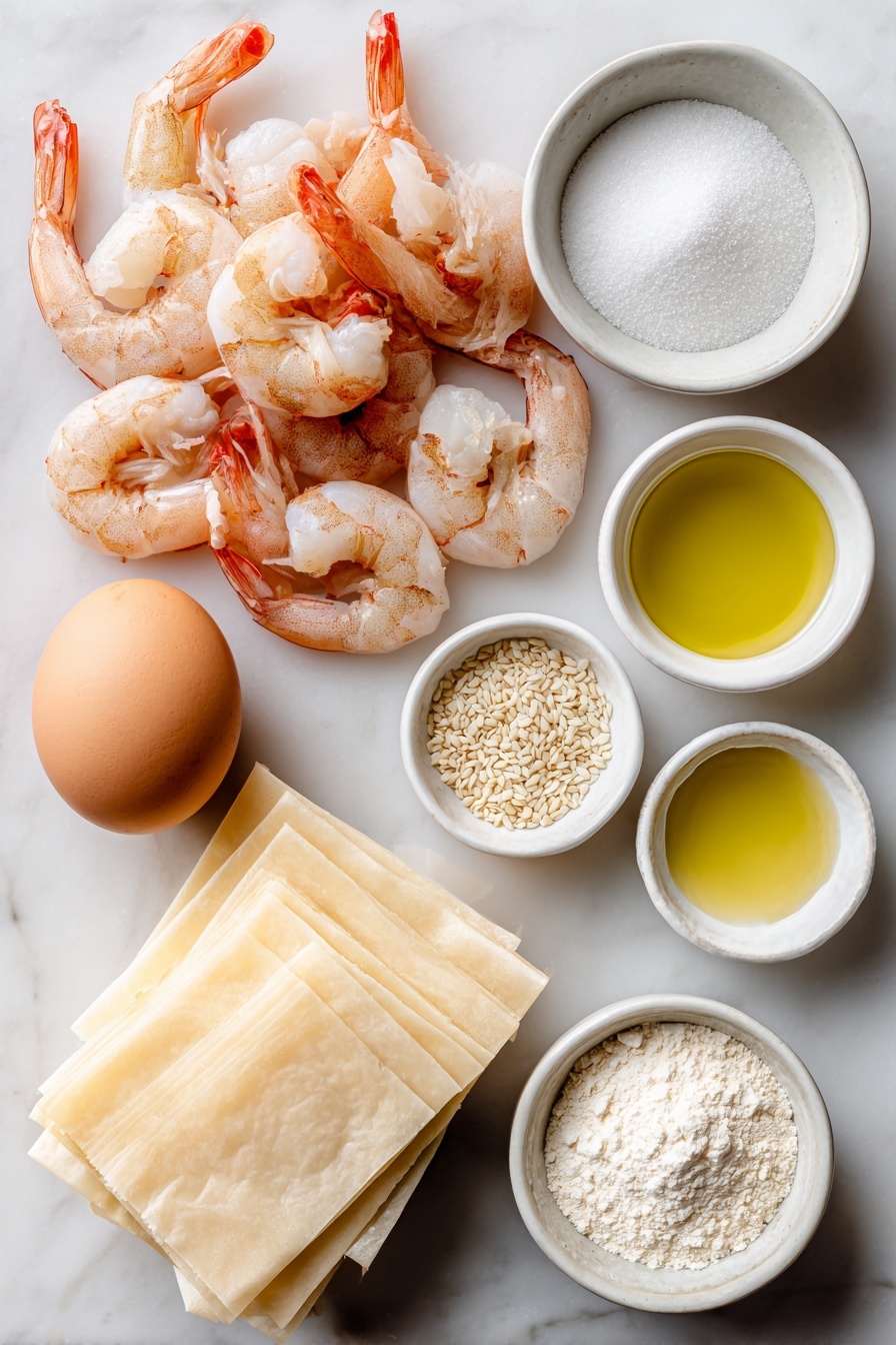 Crispy Shrimp Balls with Spring Roll Coating, Shrimp Balls appetizer, crispy shrimp appetizer, spring roll coated shrimp bites, easy seafood appetizers - Flat lay of a small heap of fresh peeled and deveined raw shrimp, a single whole uncracked brown egg, a small white ceramic bowl of fine white sugar, a small white ceramic bowl filled with white cornstarch powder, a small white ceramic bowl containing light golden sesame oil, a small white ceramic bowl holding clear cooking oil, a few delicate white peppercorns scattered neatly, and several neatly stacked square spring roll wrappers placed beside some thinly cut spring roll wrapper strips, arranged symmetrically on a clean white marble surface, soft natural light, photo taken with an iPhone, professional food photography style, fresh ingredients, white ceramic bowls, no bottles, no duplicates, no utensils, no packaging --ar 2:3 --v 7 --p m7354615311229779997