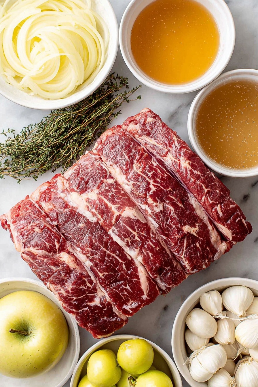 Braised Pork Shoulder with Apples, pork shoulder recipes, fall comfort food, hearty pork dishes, apple pork braise - Flat lay of a fresh pork shoulder roast with visible marbling, a few sprigs of fresh thyme, a small bunch of fresh rosemary leaves, two quartered green Granny Smith apples, four whole yellow onions thinly sliced and arranged neatly, six whole garlic cloves unpeeled, a couple of bay leaves, a small white ceramic bowl of golden olive oil, a small white ceramic bowl of dry white wine, a small white ceramic bowl filled with amber apple cider, and a small white ceramic bowl containing low sodium chicken broth; all ingredients placed symmetrically on a clean white marble surface, soft natural light, photo taken with an iPhone, professional food photography style, fresh ingredients, white ceramic bowls, no bottles, no duplicates, no utensils, no packaging --ar 2:3 --v 7 --p m7354615311229779997