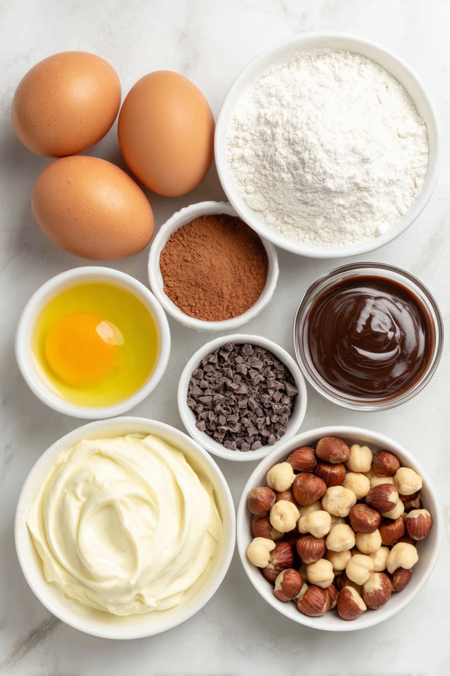 Chocolate Hazelnut Yule Log, holiday chocolate cake roll, festive chocolate dessert, nutty chocolate yule log, easy holiday cake roll - Flat lay of four large whole brown eggs with clean shells, a small bowl of superfine caster sugar, a small bowl of plain flour, a small bowl of smooth cocoa powder, a small bowl of finely ground espresso powder, a small bowl of baking powder, a small bowl of fine salt, a small white ceramic bowl filled with cold double cream, a small bowl of powdered icing sugar, a small bowl of vanilla bean paste, a small bowl of glossy chocolate hazelnut spread, a white ceramic bowl with finely chopped dark chocolate pieces, and a small pile of whole toasted hazelnuts, all arranged symmetrically and naturally on simple white ceramic bowls, placed on a clean white marble surface, soft natural light, photo taken with an iPhone, professional food photography style, fresh ingredients, white ceramic bowls, no bottles, no duplicates, no utensils, no packaging --ar 2:3 --v 7 --p m7354615311229779997