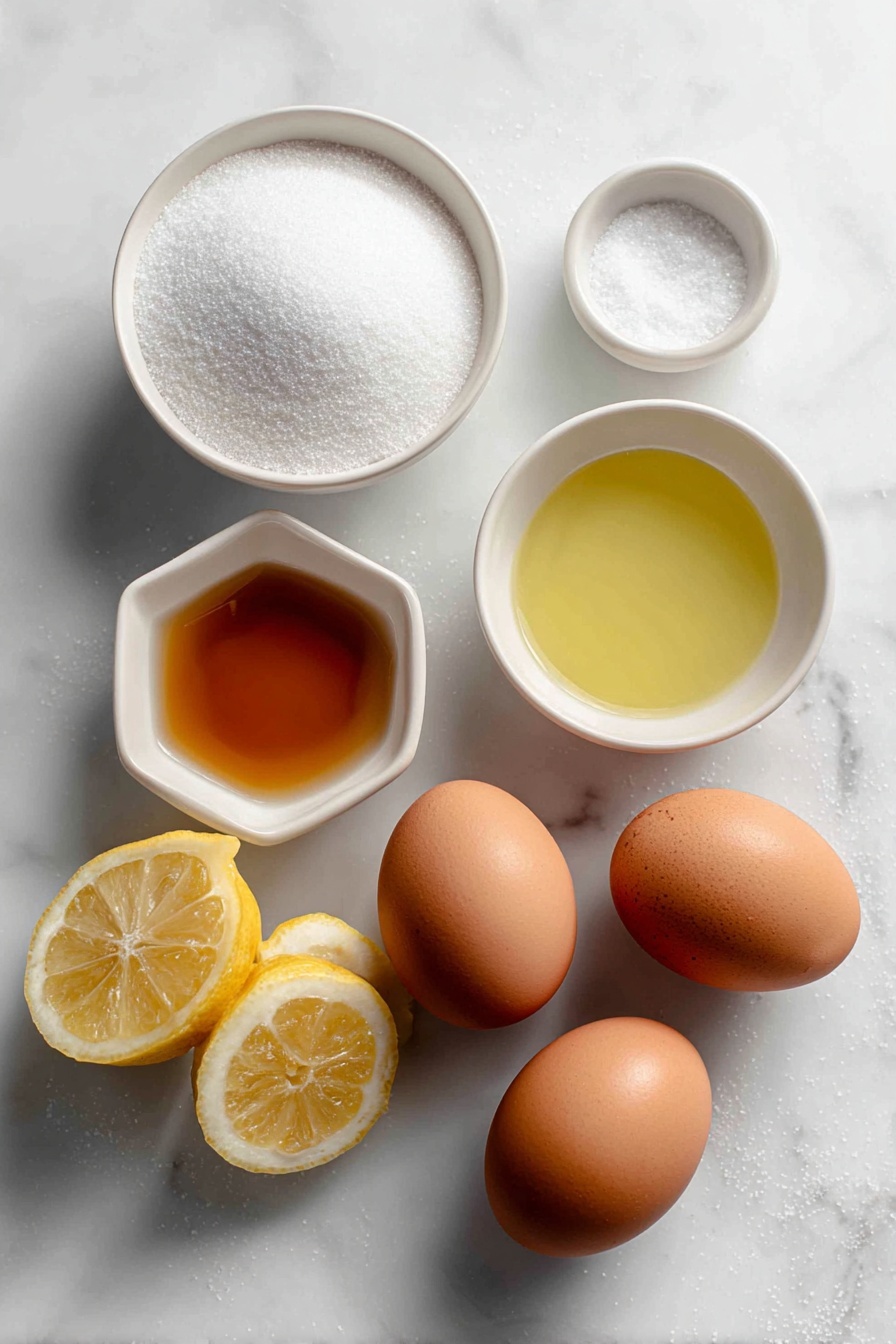 Authentic Italian Zabaglione, Italian Zabaglione Recipe, Classic Zabaglione Dessert, Easy Zabaglione Instructions, Italian Custard with Marsala Wine - Flat lay of four whole large brown eggs with clean shells, a small white ceramic bowl filled with fine white granulated sugar, a small white ceramic bowl containing light amber Marsala wine, a fresh bright yellow lemon wedge with a small white ceramic bowl of freshly squeezed lemon juice, and a pinch of salt in a tiny white ceramic bowl, all arranged symmetrically on a clean white marble surface, soft natural light, photo taken with an iPhone, professional food photography style, fresh ingredients, white ceramic bowls, no bottles, no duplicates, no utensils, no packaging --ar 2:3 --v 7 --p m7354615311229779997