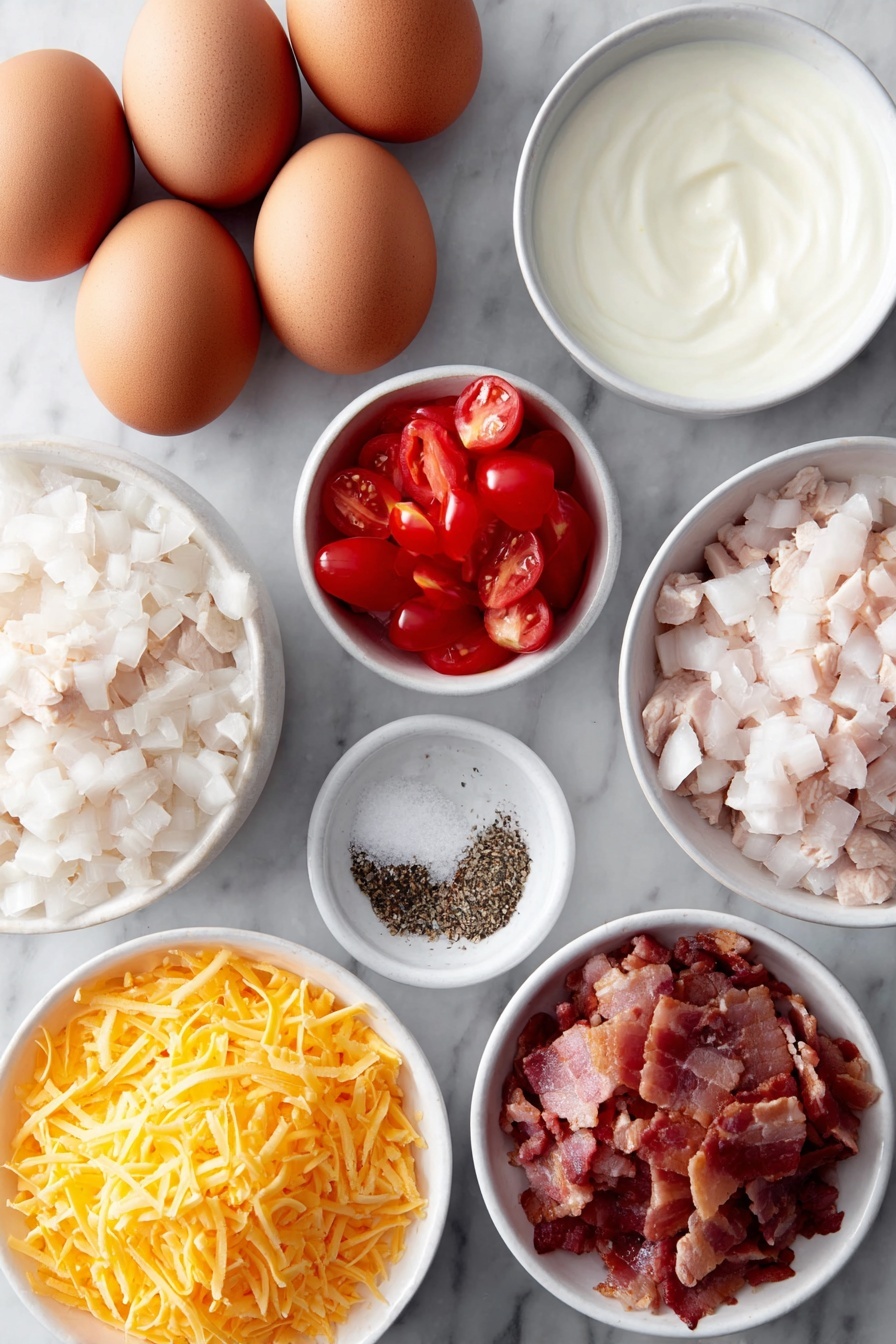 Cheddar Vegetable Egg Bites, breakfast egg bites, healthy egg breakfast recipe, easy morning egg bites, make-ahead veggie egg bites - Flat lay of ten whole brown eggs with clean shells, a small bowl of cream, a small bowl of shredded bright orange cheddar cheese, a small white bowl with chopped red bell peppers, diced ripe tomatoes, and chopped white onions mixed together, a small white bowl containing crispy crumbled cooked bacon pieces, a small white bowl of chopped roasted turkey, a small white bowl with coarse salt and ground black pepper, all arranged symmetrically in simple white ceramic bowls, placed on a clean white marble surface, soft natural light, photo taken with an iPhone, professional food photography style, fresh ingredients, white ceramic bowls, no bottles, no duplicates, no utensils, no packaging --ar 2:3 --v 7 --p m7354615311229779997