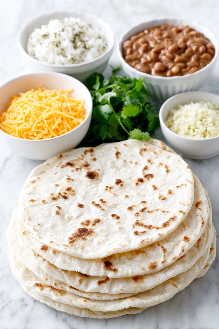 Cheesy Bean and Rice Burritos, cheesy bean burritos, easy burrito recipes, quick Mexican-inspired meals, savory bean and rice wraps - Flat lay of a stack of ten soft flour tortillas, a small white bowl of creamy refried beans, a few sprigs of fresh green cilantro beside a small white bowl of vibrant red salsa, a small white bowl of bright orange shredded sharp cheddar cheese, a small white bowl of pale yellow shredded Monterey Jack cheese, a small white bowl of fluffy orange-hued Mexican rice, and a small white bowl of homemade taco seasoning mix with visible dried herbs and spices, all arranged in perfect symmetry on a clean white marble surface, soft natural light, photo taken with an iPhone, professional food photography style, fresh ingredients, white ceramic bowls, no bottles, no duplicates, no utensils, no packaging --ar 2:3 --v 7 --p m7354615311229779997