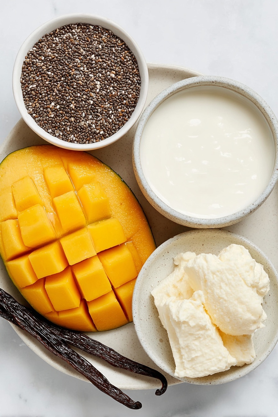 Mango Chia Pudding, healthy mango chia pudding, tropical chia pudding, vegan mango pudding, easy chia seed pudding - Flat lay of a small white ceramic bowl of black chia seeds, a whole fresh mango sliced to show vibrant orange flesh, two small white ceramic bowls each filled with creamy non-dairy mylk, a small white ceramic bowl of golden pure maple syrup, a whole vanilla bean pod, and a small white ceramic bowl of fine sea salt crystals placed on a clean white marble surface, soft natural light, photo taken with an iPhone, professional food photography style, fresh ingredients, white ceramic bowls, no bottles, no duplicates, no utensils, no packaging --ar 2:3 --v 7 --p m7354615311229779997