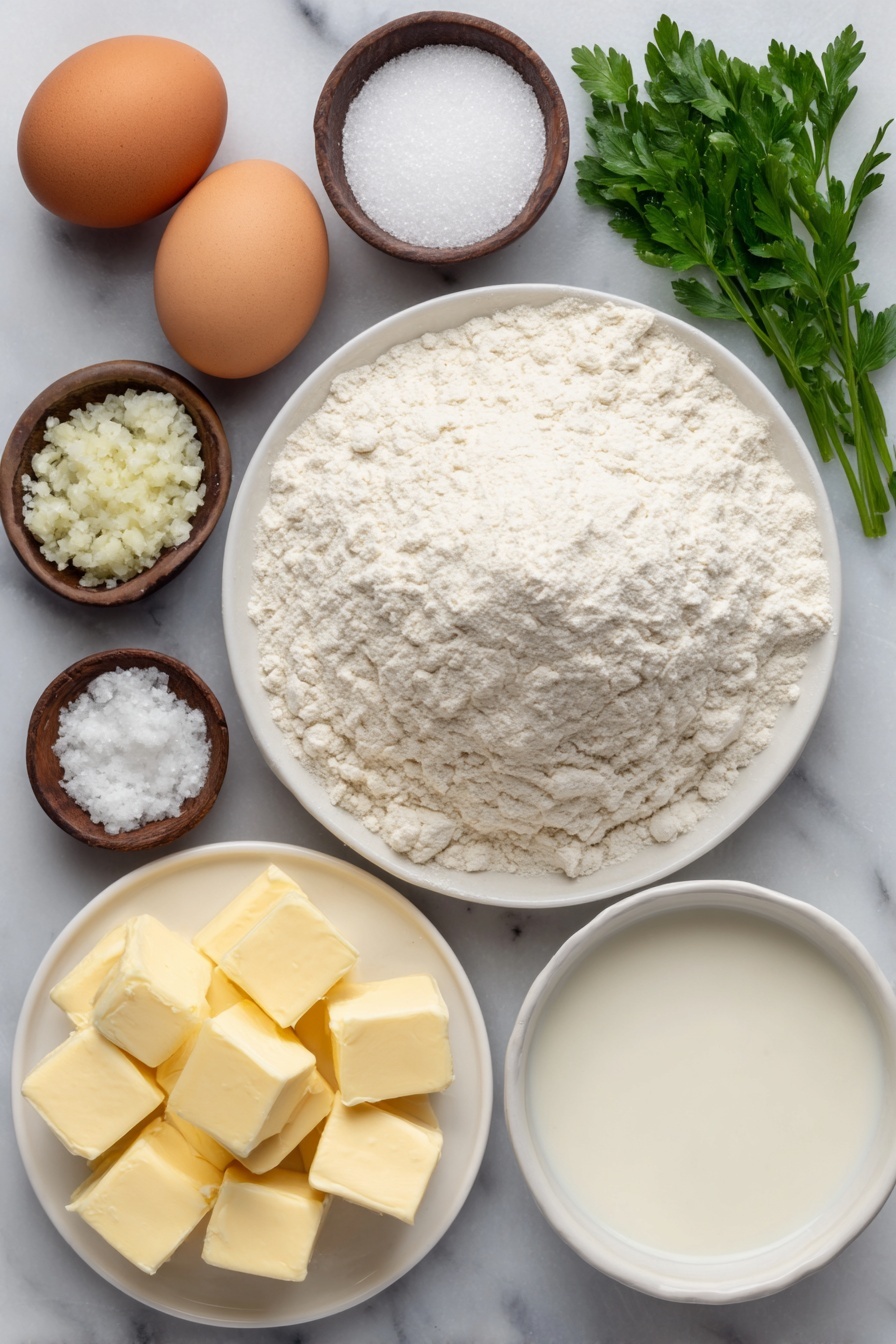 Garlic Bread Rolls, homemade garlic bread, buttery garlic rolls, soft bread rolls, easy garlic bread recipe - Flat lay of a small mound of all-purpose flour on a simple white ceramic plate, a few sprigs of fresh chopped parsley on a white ceramic dish, a small white ceramic bowl filled with granulated sugar, a small white ceramic bowl of instant yeast powder, a small white ceramic bowl with fine sea salt, a small white ceramic bowl containing warmed whole milk, one large uncracked brown egg, a small white ceramic bowl of unsalted butter cubes, a small white ceramic bowl of minced fresh garlic, a small white ceramic bowl with flaky sea salt, all elements arranged with perfect symmetry and balanced proportions, placed on a clean white marble surface, soft natural light, photo taken with an iPhone, professional food photography style, fresh ingredients, white ceramic bowls, no bottles, no duplicates, no utensils, no packaging --ar 2:3 --v 7 --p m7354615311229779997