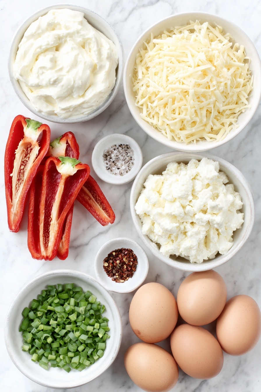 Cream Cheese Stuffed Mini Peppers, Stuffed Mini Peppers Appetizer, Easy Mini Peppers Recipes, Party Snack Ideas, Simple Canapés - Flat lay of fresh mini sweet peppers cut lengthwise with seeds removed, a small white ceramic bowl of softened cream cheese, a small white ceramic bowl filled with grated sharp cheddar cheese, a small white ceramic bowl holding chopped fresh chives, a small white ceramic bowl with coarse sea salt, a small white ceramic bowl with ground black pepper, whole uncracked brown eggs arranged symmetrically, placed on a clean white marble surface, soft natural light, photo taken with an iPhone, professional food photography style, fresh ingredients, white ceramic bowls, no bottles, no duplicates, no utensils, no packaging --ar 2:3 --v 7 --p m7354615311229779997