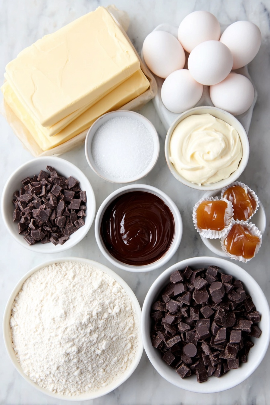 Chocolate Hazelnut Caramel Stuffed Brownie Cookies, chocolate hazelnut caramel stuffed brownie cookies, dessert recipes, indulgent cookie recipes, caramel filled cookies - Flat lay of a small slab of unsalted butter, a handful of chopped bittersweet chocolate chunks, a small pile of chopped dark chocolate pieces, three large whole eggs with clean shells, a small white bowl filled with granulated sugar, a small white bowl holding vanilla extract, a dollop of softened cream cheese, a neat mound of all-purpose flour, a small heap of dark chocolate cocoa powder, a pinch of baking powder, a pinch of salt, a small white bowl with rich chocolate hazelnut spread, a cluster of milk chocolate covered caramel candies, a small white bowl containing mixed granulated sugar and flaky sea salt, and a small white bowl with deep red pomegranate juice, all arranged symmetrically and naturally fresh on simple white ceramic dishes, placed on a clean white marble surface, soft natural light, photo taken with an iPhone, professional food photography style, fresh ingredients, white ceramic bowls, no bottles, no duplicates, no utensils, no packaging --ar 2:3 --v 7 --p m7354615311229779997