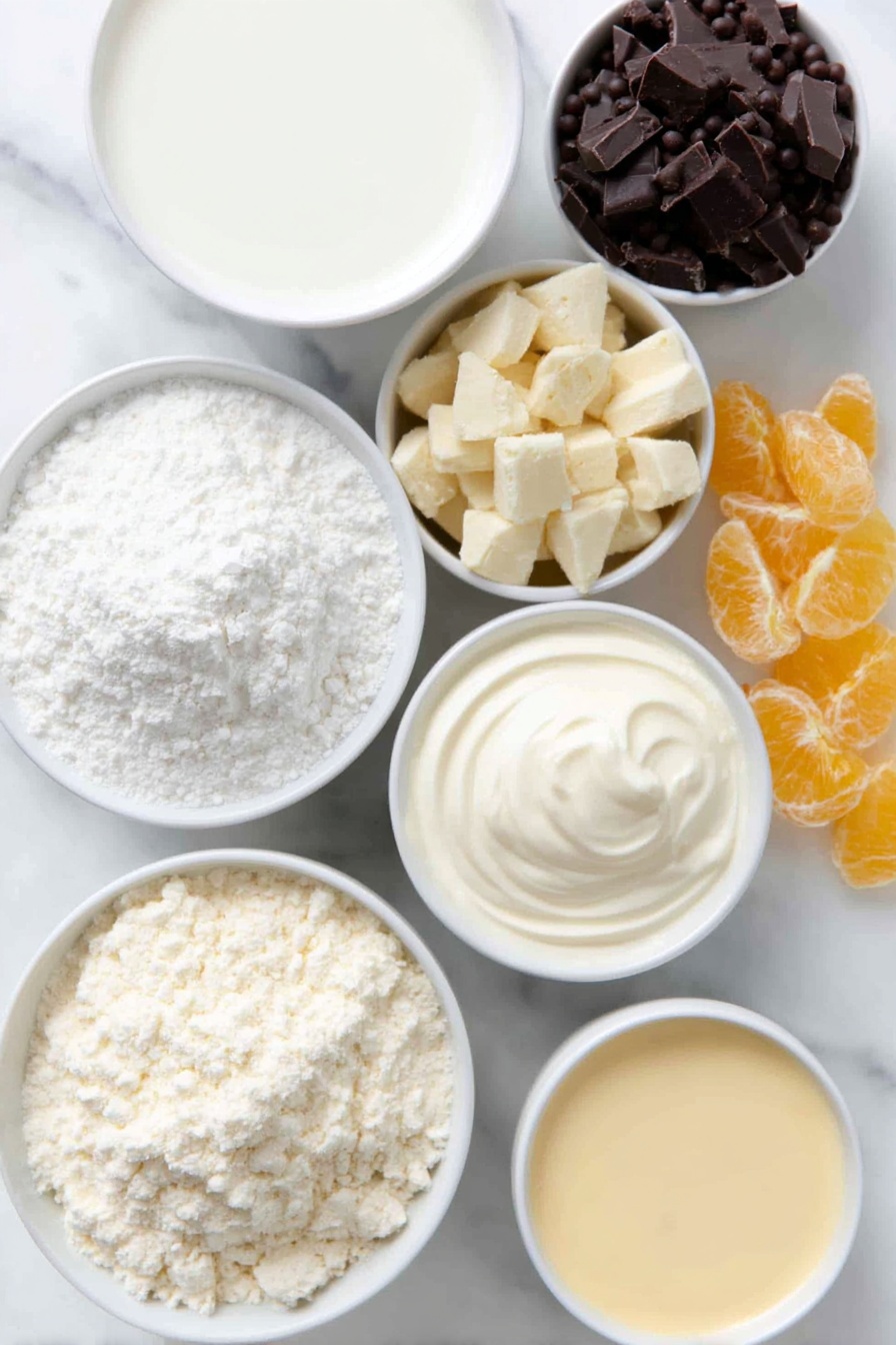 White Chocolate Panna Cotta with Orange Chocolate Sauce, white chocolate dessert, citrus panna cotta, easy elegant dessert, creamy panna cotta recipe - Flat lay of a small white ceramic bowl of powdered unflavored gelatin, a small white ceramic bowl with cold half and half, a small white ceramic bowl with whole milk, a small white ceramic bowl of heavy whipping cream, a small white ceramic bowl with white chocolate morsels, a small white ceramic bowl of granulated sugar, a small white ceramic bowl with finely chopped orange dark chocolate bar, a small white ceramic bowl filled with smooth heavy cream, a small white ceramic bowl containing orange liqueur, a small white ceramic bowl with shiny dark chocolate beads, and several pieces of bright candied orange peel, all ingredients fresh and natural, placed on a clean white marble surface, soft natural light, photo taken with an iPhone, professional food photography style, fresh ingredients, white ceramic bowls, no bottles, no duplicates, no utensils, no packaging --ar 2:3 --v 7 --p m7354615311229779997