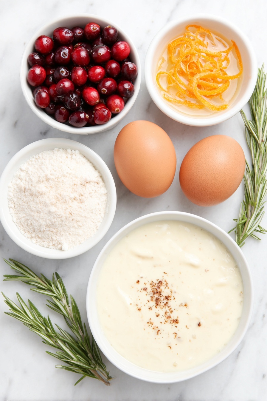 Eggnog Panna Cotta with Spiked Cranberry Sauce, holiday eggnog dessert, festive panna cotta recipe, boozy cranberry sauce, winter holiday dessert - Flat lay of a small white ceramic bowl of cold water, a small white ceramic bowl with a sprinkle of powdered gelatin on its surface, two brown eggs with clean shells, a small white ceramic bowl filled with creamy eggnog liquid, fresh bright red cranberries scattered loosely, a small white ceramic bowl of granulated sugar, vibrant orange zest curls, a small white ceramic bowl of fresh orange juice, a small white ceramic bowl of orange liqueur, a few fresh rosemary sprigs neatly arranged, and six fresh cranberries for garnish, all placed on a clean white marble surface, soft natural light, photo taken with an iPhone, professional food photography style, fresh ingredients, white ceramic bowls, no bottles, no duplicates, no utensils, no packaging --ar 2:3 --v 7 --p m7354615311229779997