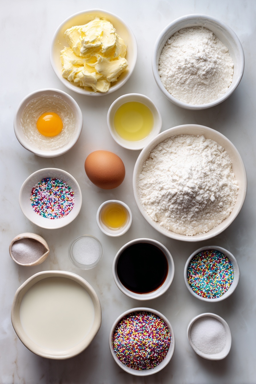 Frosted Sugar Cookies, easy sugar cookies with frosting, homemade sugar cookies, soft sugar cookie recipe, best frosted sugar cookies - Flat lay of a small white ceramic bowl of softened unsalted butter, a small bowl of granulated sugar, a small bowl of powdered sugar, one whole clean brown egg, a small bowl of vegetable oil, a small bowl of vanilla extract, a small bowl of almond extract, a neat pile of all-purpose flour, a small mound of cornstarch, a small pile of baking powder, a small heap of salt, a small white bowl of milk, and a neat pile of colorful sprinkles, all arranged symmetrically on a clean white marble surface, soft natural light, photo taken with an iPhone, professional food photography style, fresh ingredients, white ceramic bowls, no bottles, no duplicates, no utensils, no packaging --ar 2:3 --v 7 --p m7354615311229779997